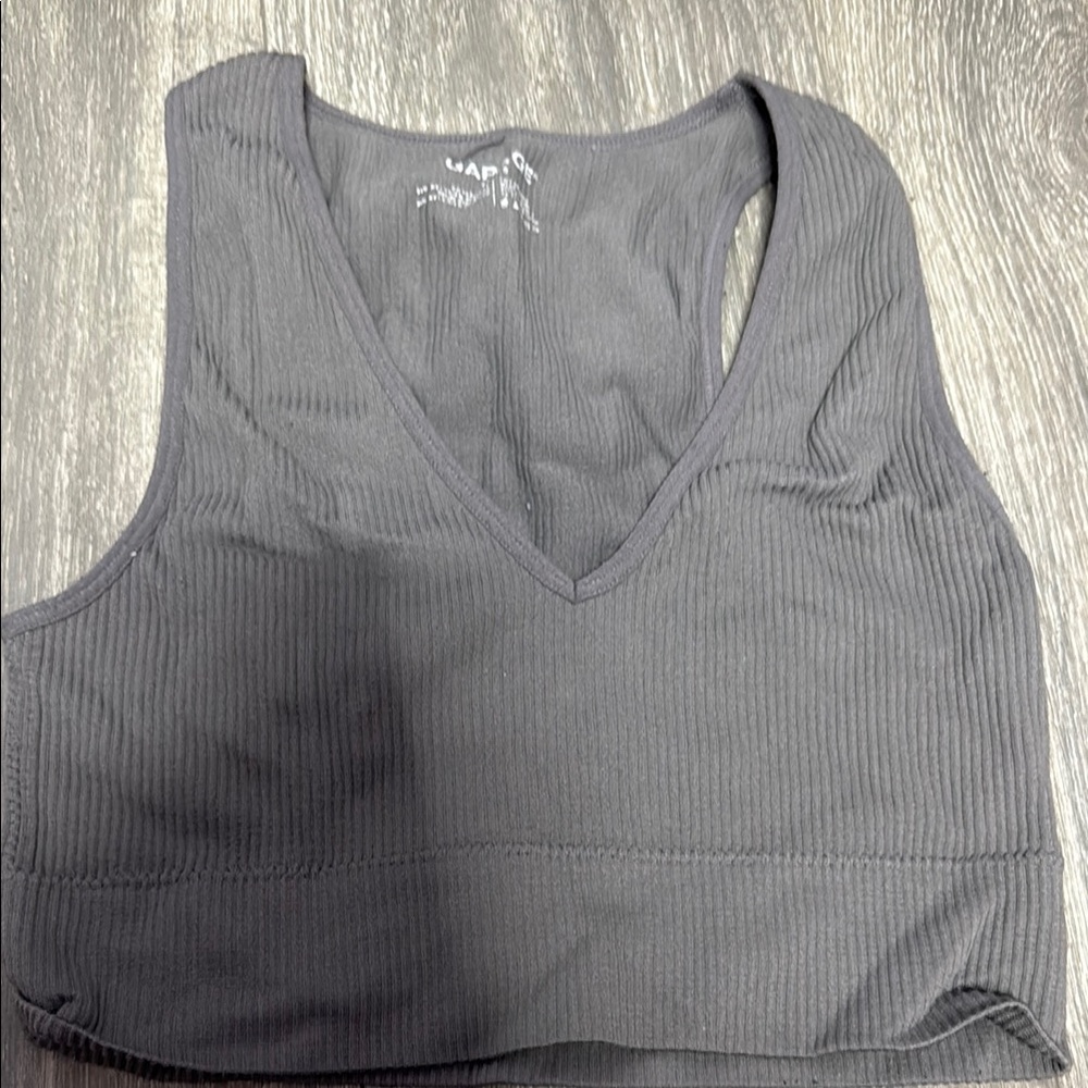 Gray Ribbed V-Neck Sports Bra
